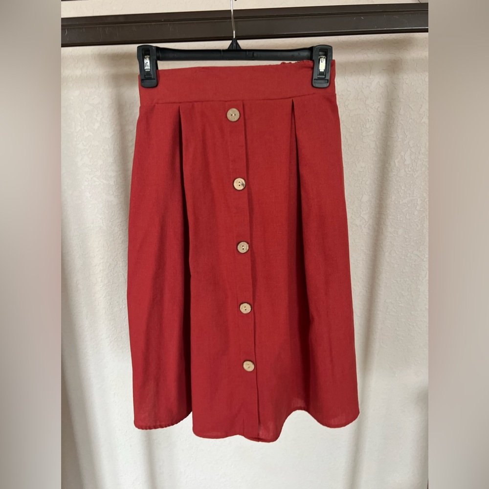 See You Monday red skirt with buttons